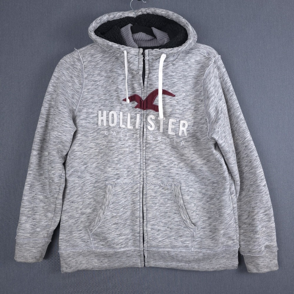 Hollister Sherpa Lined Full Zip Hoodie Mens XL Gray Heavy Sweatshirt Jacket Y2K
